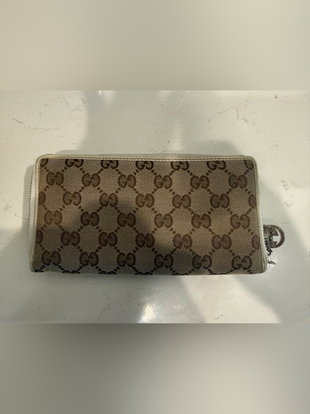 Gucci Brown GG Supreme Zip Wallet with Leather Trim